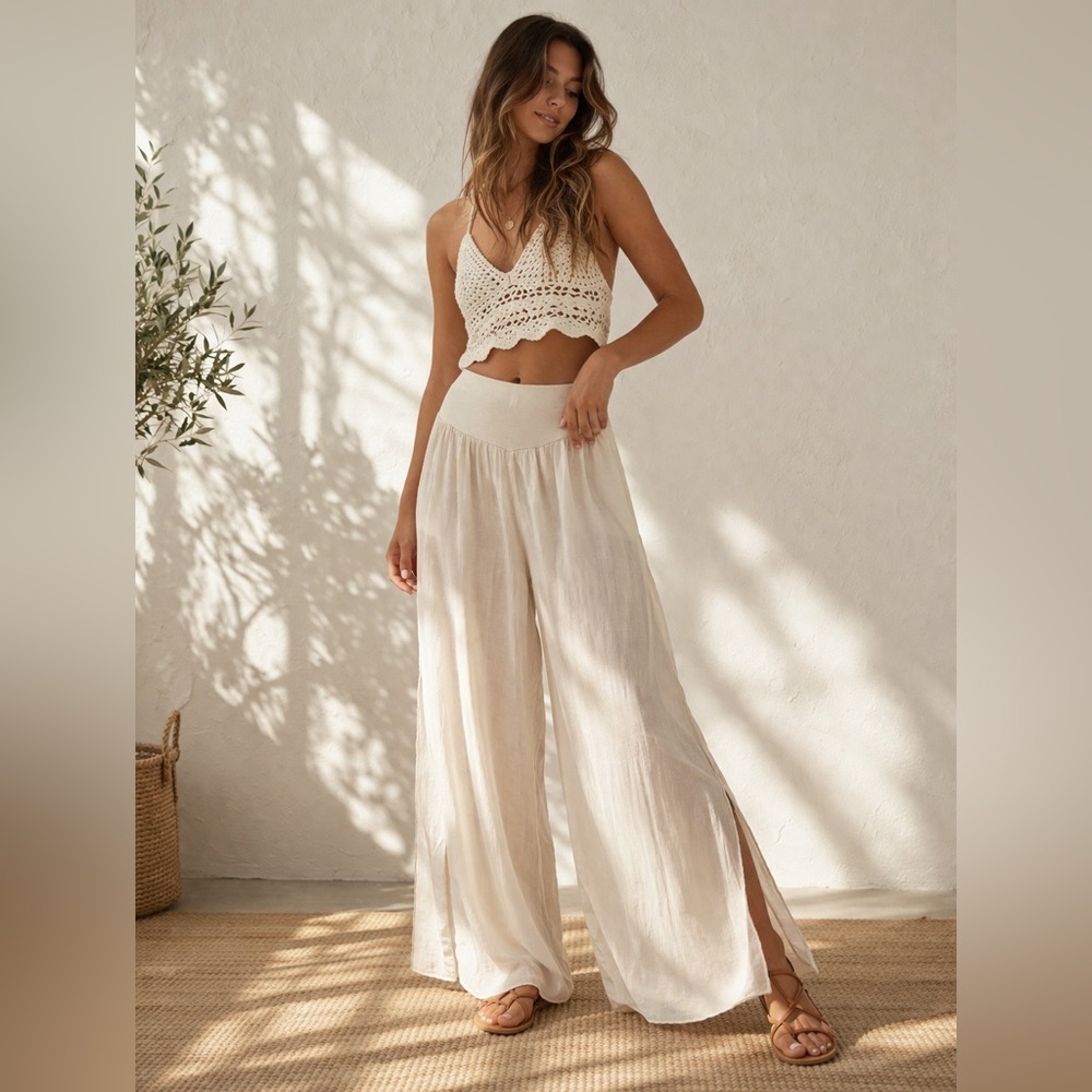 Womens Italian Boutique Wide Leg Pants Cream Boho Flowy Elastic Waist Sz Small